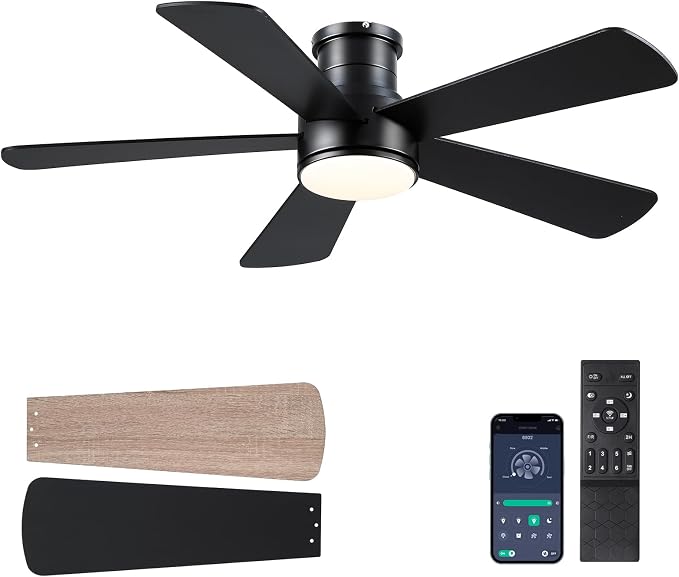 Hounberi 46 Inch Flush Mount Ceiling Fan with Lights and Remote, Modern Quiet DC Motor Low Profile Ceiling Fan for Low Ceilings, 5 Reversible Blades, 6 Speeds Dimmable, Indoor Outdoor Bedroom, Black