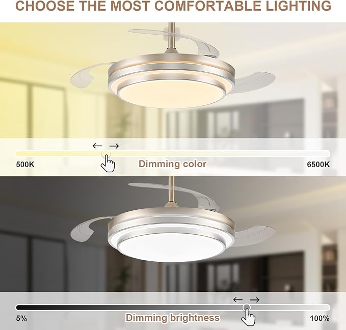 42 Inch Fandelier Ceiling fan with Light and APP/Remote,Dimmable Retractable Ceiling Fan with Lights,6-Speed,Reversible Motor,Noiseless,Modern Ceiling Fans for Bedroom/Living Room(Brush Nickel)