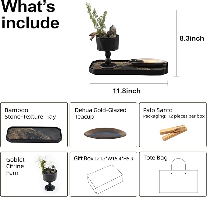 Zen Heal Tabletop Ritual Set – Goblet with Citrine, Preserved Fern & Dehua Gold-Glazed Teacup, Bamboo Tray & Palo Santo | Meditation Décor, Feng Shui Crystal Gift Box for Home or Office