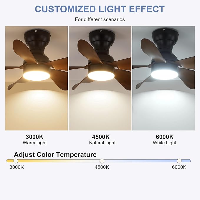 PHORUS 30" Small Brown Low Profile Ceiling Fans with Lights and Remote | Super Large Airflow with 6 Wind Speeds, Reversible, Dimmable 3 CCT LED, 30W Noiseless DC Motor,Timer, for Bedroom Kitchen