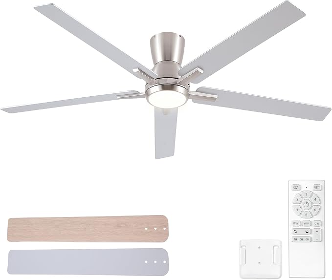 60'' Flush Mount Brushed Nickel Ceiling Fan with Light & Remote, ETL Listed | 6 Speed, Quiet DC Motor, 3-Level Timer Function, 3 Color Temperature, Forward/Reserve For all Seasons, Indoor/Covered Outdoor