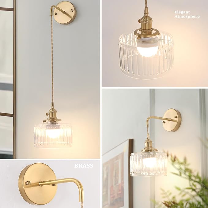 Shenmoyl Battery Operated Wall Sconce with Clear Striped Shade Pattern Glass Adjustable Chain Retro Gold Wall Mounted Light, Modern Wall Lamp Fixtures Decor for Bedside Bedroom Indoor Doorway