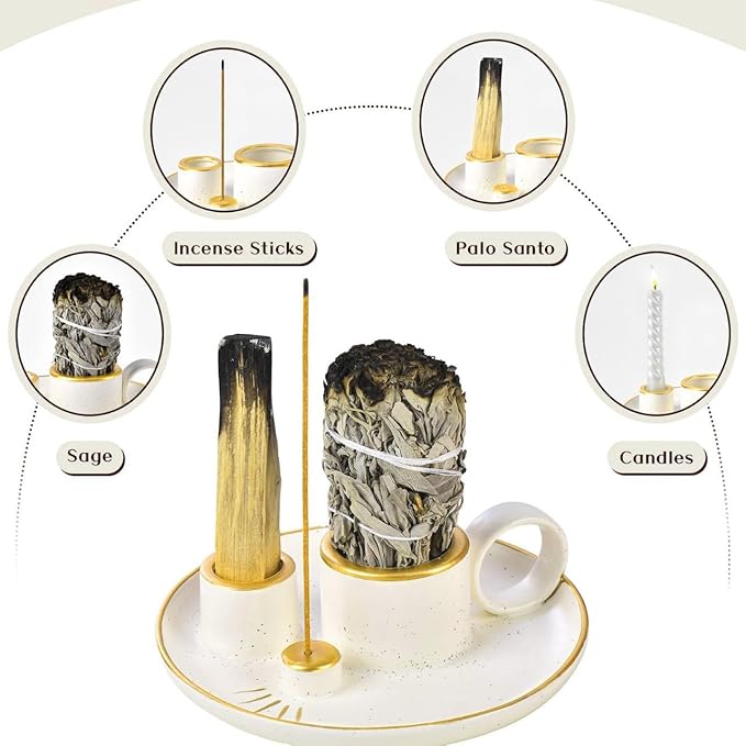 Multifunction Incense and Candle Holder for Burning Sage, Palo Santo, Incense Sticks - 5.9" Ceramic Ash Catcher Tray for Meditation Room Home Decor (A)