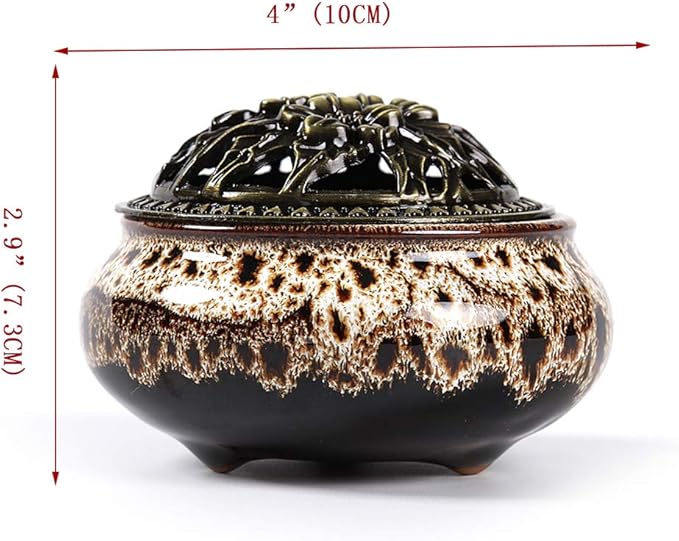 Incense Burner with Calabash Incense Stick Holder - Porcelain Charcoal Censer for Use with Resin Granular Powder Cone or Coil Incense (Fambe Gray)