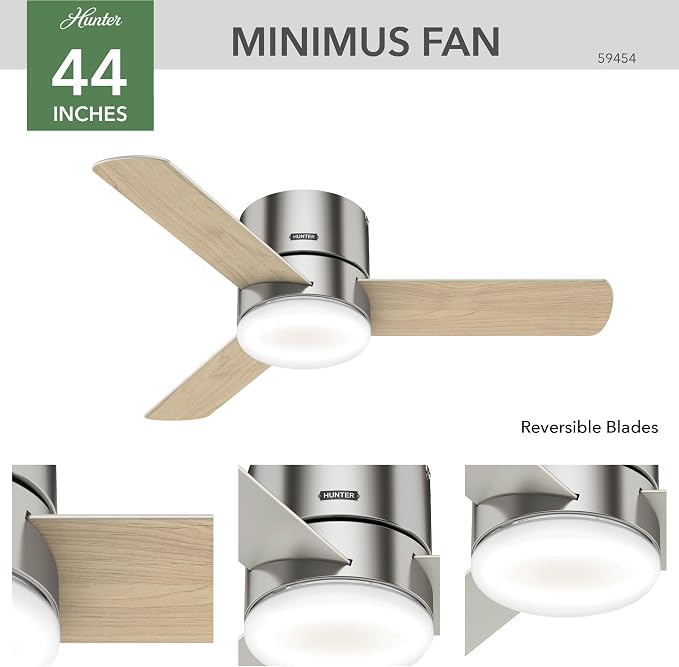 Hunter Minimus, Indoor, Ceiling Fan, Modern, Quiet, 44 inch, Brushed Nickel | with LED Light, Low Profile Flush Mount, Remote Control, 3 Blades, For Bedroom, Living Room, 59454