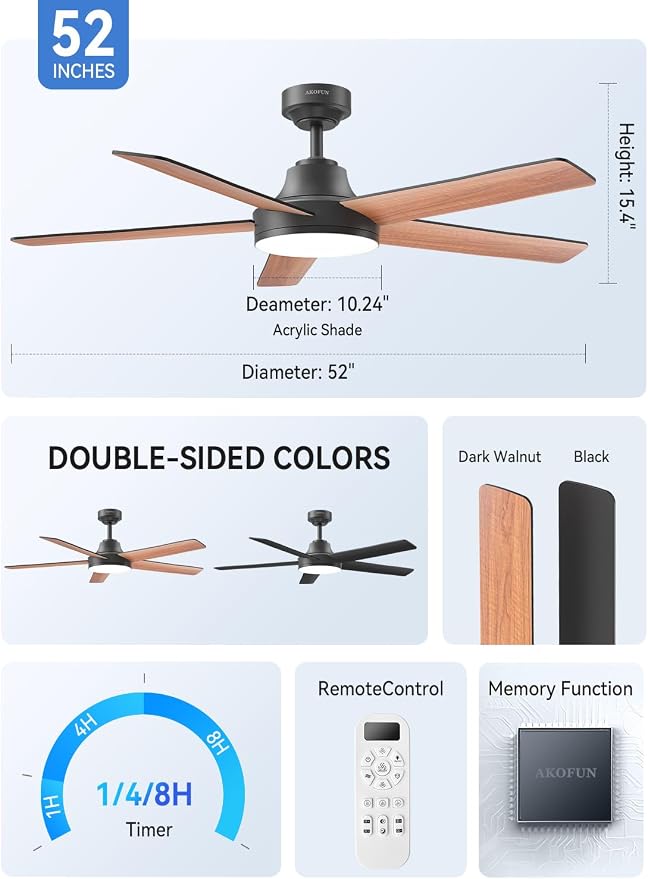 AKOFUN Ceiling Fans with Lights and Remote, Low Profile Ceiling Fan with Light, 6 Speed, Dimmable, DC Motor, Quiet, Timer, Modern LED Ceiling Fan for Bedroom Living Room 52 inch, Black