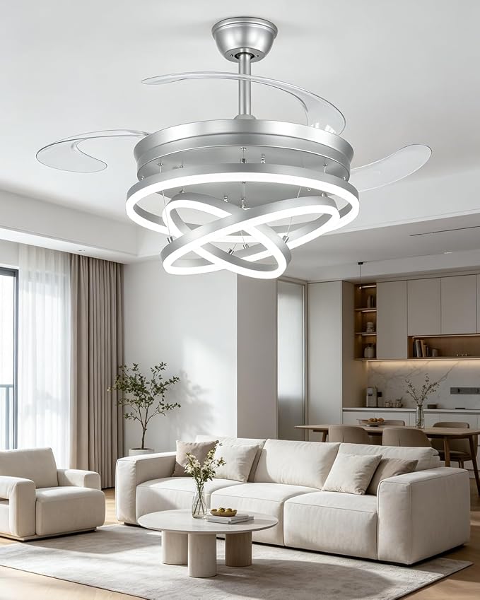 48 Inch Retractable Ceiling Fans with Lights and Remote, Modern Chandelier Fandelier Ceiling Fans, Quiet Reversible DC Motor, 6 Speeds, 3 Color Dimmable LED for Bedroom Living Room (Silver)
