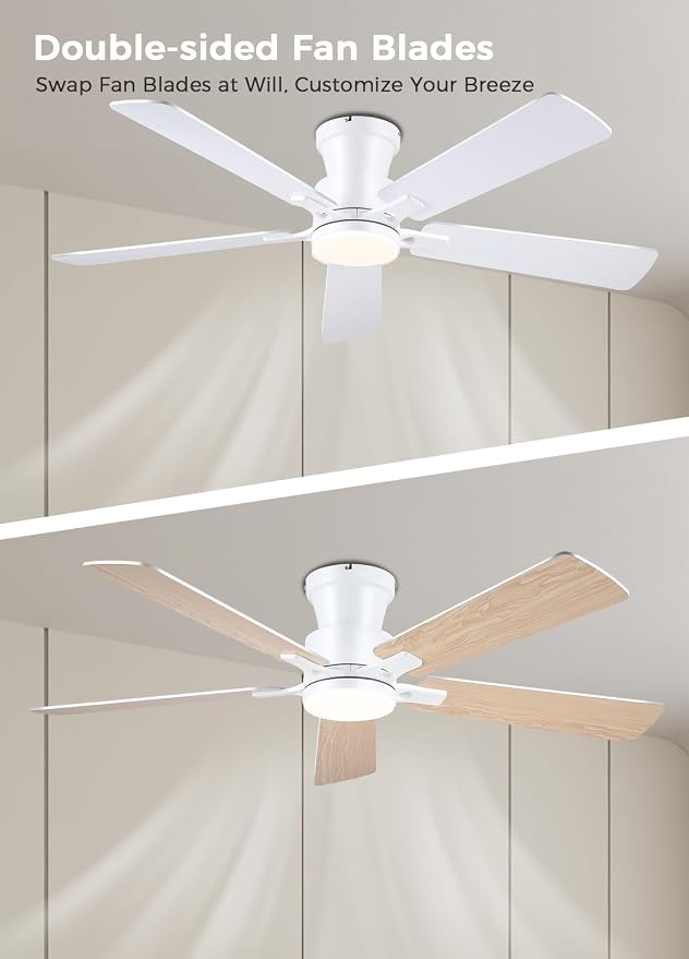JSAITEE 52" Flush Mount Ceiling Fans with Lights Low Profile White | Modern Fans DC Reversible Motor, 3CCT Dimmable, 6 Speeds Fan Light for Indoor Bedroom, Kitchen, White