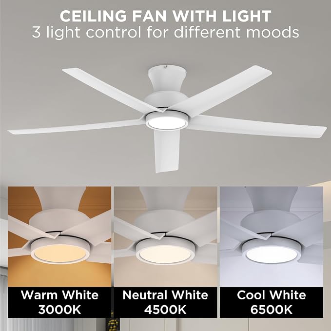 ocioc 52 inch Ceiling Fans with Lights, Large Air Volume Ceiling Fans with Reversible Quiet DC Motor and Remote（White-2 pack）