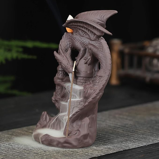 Dragon Backflow Incense Burner Handmade Ceramics Ornamen Statue Fountain Home Decor Waterfall Incense Holder, with 10 Backflow Incense Cones and 1Mat
