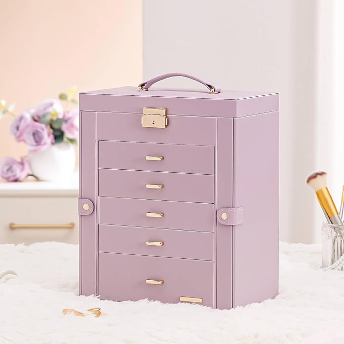 Homde Jewelry Box Large for Women: 6 Layers 5 Drawers Organizer with Mirror for Ring Earring Necklace - Storage Holder with Lock for Dresser (Gray Purple)
