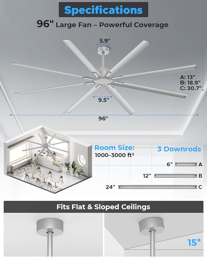 96 Inch Industrial Ceiling Fan, Large Commercial HVLS Shop Ceiling Fan for Garage Gatio Gym, Big Assed Ceiling Fans with 8 Metal Blades, Quiet Reversible DC Motor, Remote Control, 6 Speeds(Silver)