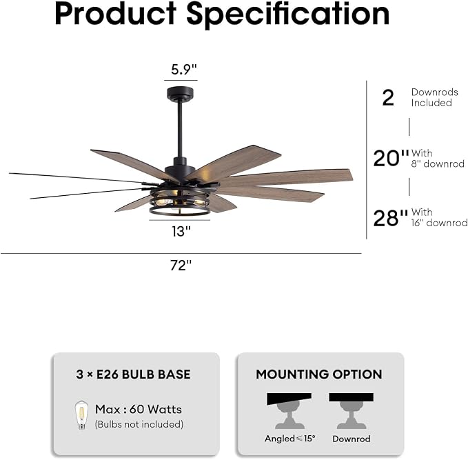 LuminFan 72 inch Large Ceiling Fans with Lights and Remote, Black Modern Ceiling Fan for Living Room, Patios, 6 Speed Reversible Quiet DC Motor, 8 Blades, Easy to Install