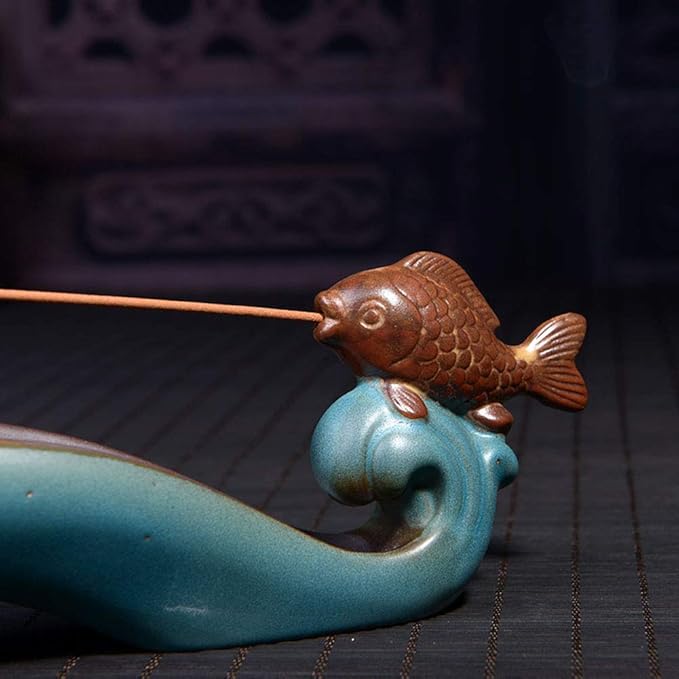 NAGU Cute Incense Holder Fish, Ceramic Incense Stick Holder Double Incense Burner, Funny Long Incense Ash Tray for Home Decoration, Yoga. Meditation, Tea