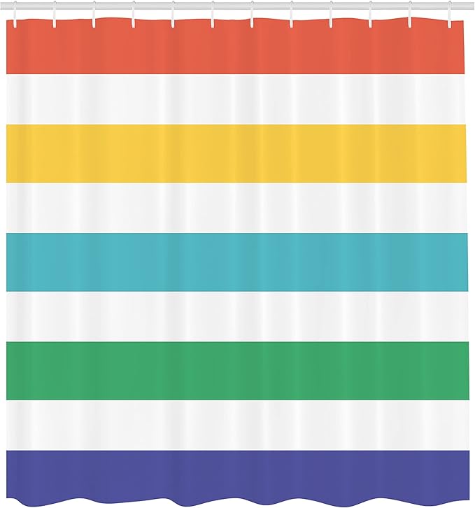 Ambesonne Striped Shower Curtain, Rainbow Colored and White Fun Horizontal Lines Room Red Yellow Blue Green Art, Cloth Fabric Bathroom Decor Set with Hooks, 69" W x 70" L, White Mustard Jade Green