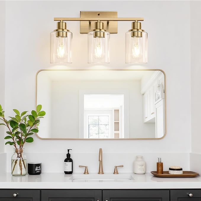 Indoi 3-Light Bathroom Light Fixtures, Brass Modern Vanity Lights with Clear Glass Shades, Bathroom Wall Lamp for Mirror Living Room Cabinet Bedroom Porch