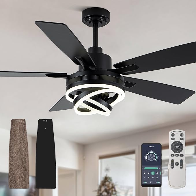 52" Black Modern Chandelier Ceiling Fan with Lights | DC motor, reversible, dimmable; recommended for bedroom, living room, and indoor use.