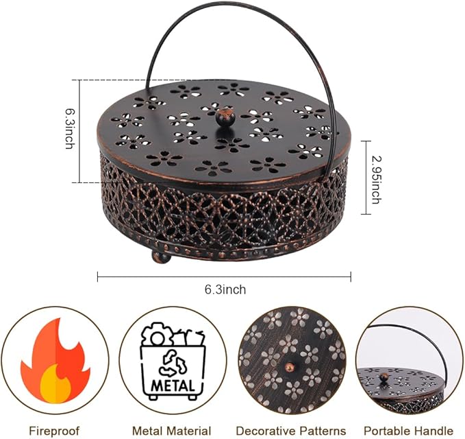 Portable Mosquito Coil Holder, hogardeck 6.3" Round Fireproof Metal Mosquito Incense Holder with Handle, Retro Hollow Incense Burner Yard Art for Garden, Lawn, Patio (Bronze, 2 Pack)