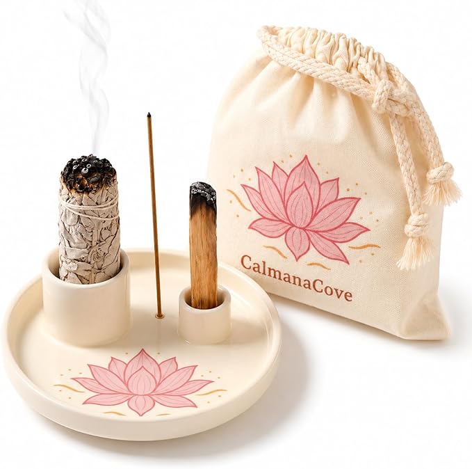 Incense & Palo Santo Holder – 6.5'' Ceramic Sage Burner for Sticks, Bundles, Cones, Candle & Tealight with Ash Catcher – Jewelry Tray, Smudge Pot, Home Décor, Meditation Gift (Pink Lotus)