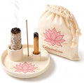 Incense & Palo Santo Holder – 6.5'' Ceramic Sage Burner for Sticks, Bundles, Cones, Candle & Tealight with Ash Catcher – Jewelry Tray, Smudge Pot, Home Décor, Meditation Gift (Pink Lotus)