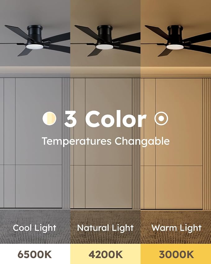 52 Inch Balck Flush Mount Ceiling Fans with Lights and Remote | 3CCT Dimmable LED, 6 Speed, Quiet DC Motor, 3-Level Timer Function, Forward/Reserve For all Seasons, Indoor/Covered Outdoor