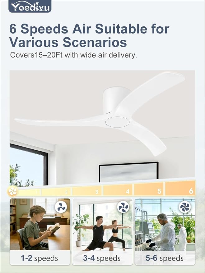 52 Inch Smart Ceiling Fans Without Lights, Low Profile Flush Mount Ceiling Fan with Alexa & Remote Control, 6 Speed Reversible Quiet DC Motor, White Ceiling Fan for Bedroom Living Room Patio