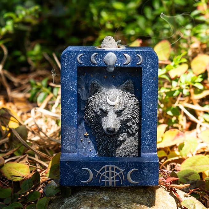 Pacific Giftware 4" Tall Moon Phase Backflow Incense Burner for Spiritual Home Decor, Wolf Figurine