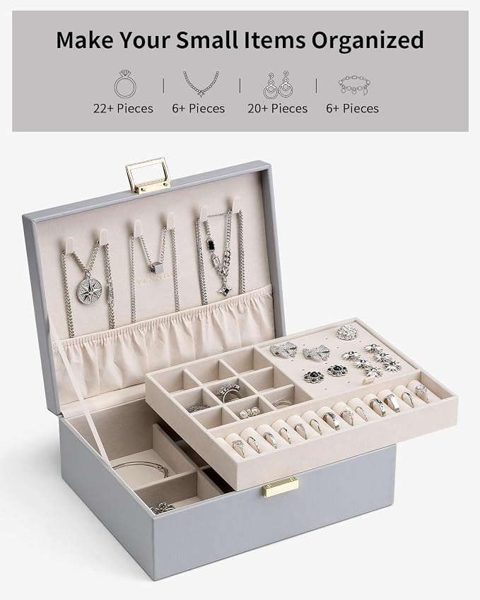 VLANDO 2 Layer Jewelry Box Large Jewelry Organizer for Women Removable Jewelery Tray for Necklace Earrings Rings Bracelets Jewelry Boxes Christmas Birthday Gifts for Women(Grey)