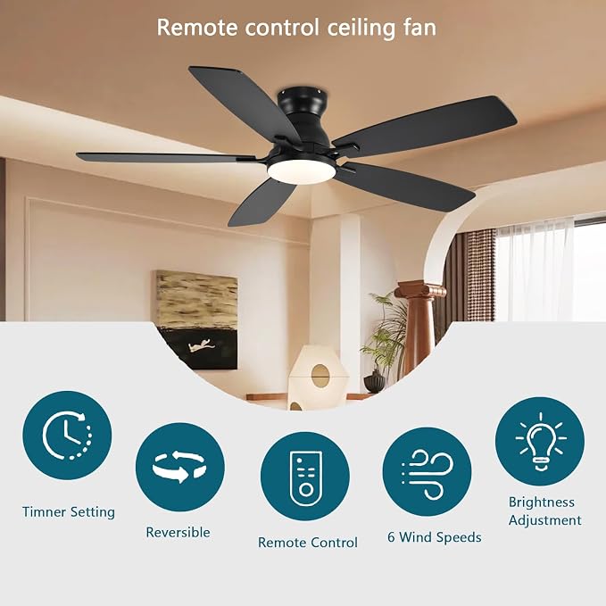 JSAITEE Ceiling Fans with Lights, 52 Inch Low Profile Ceiling Fan with Light and Remote Control, Flush Mount, DC Reversible Motor, Noiseless, Black 6 Speeds Ceiling Fan for Bedroom