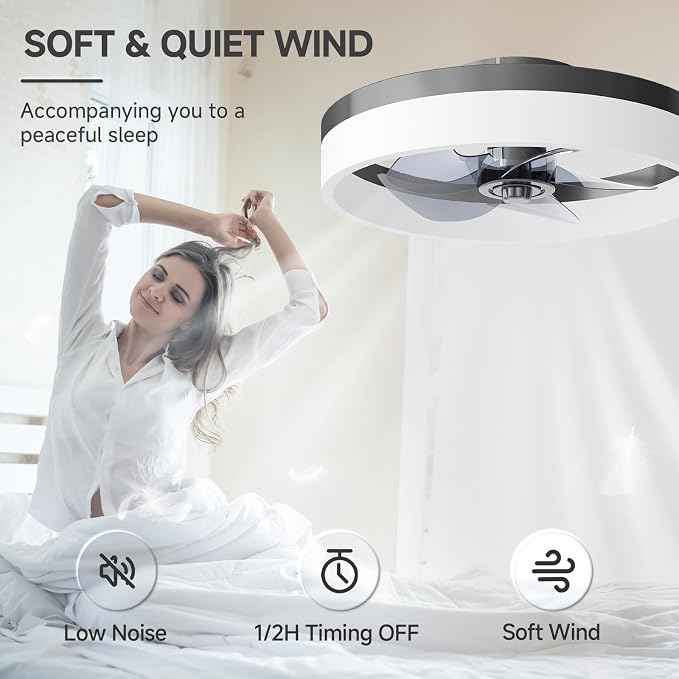 VOLISUN Low Profile Ceiling Fans with Lights and Remote, 15.7in Fandelier Ceiling Fan with Light, 3000K-6500K Dimmable Bladeless LED Fan Light, Black Flush Mount Ceiling Fans with Lights for Bedroom