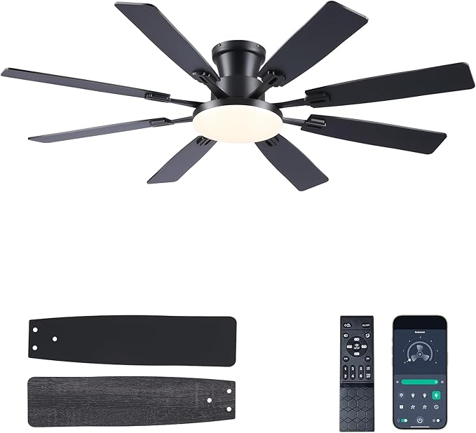 JSAITEE 60Inch Ceiling Fan with Lights, Large Low Profile Flush Mount,Black | Ceiling Fans,DC Reversible Motor Noiseless, 3CCT Dimmable, Dual Finish, 6 Speeds Ceiling Fan for Indoor/Outdoor