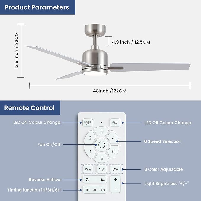 Newday 48 Inch Brushed Nickel Ceiling Fan with Light & Remote - Noiseless Reversible DC Motor, Dimmable 3CCT, 6-Speed with Timer, 3 Blades for Indoor/Covered Outdoor Use (ETL Listed)