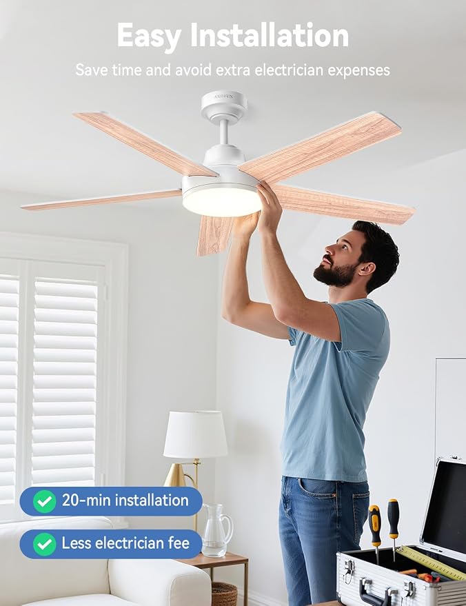 AKOFUN Ceiling Fans with Lights and Remote, Low Profile Ceiling Fan with Light, 6 Speed, Dimmable, DC Motor, Quiet, Timer, Modern LED Ceiling Fan for Bedroom Living Room 52 inch, White