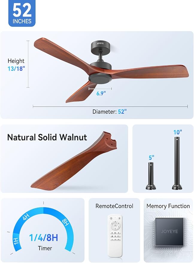 52 Inch Ceiling Fans with Remote no Light, Solid Wood 3 Blade Modern Ceiling Fan, Quiet DC Motor, 6 Speeds, Dimmable LED, Timer, Indoor & Covered Outdoor Living Room, Bedroom, Patio (Dark Wood)