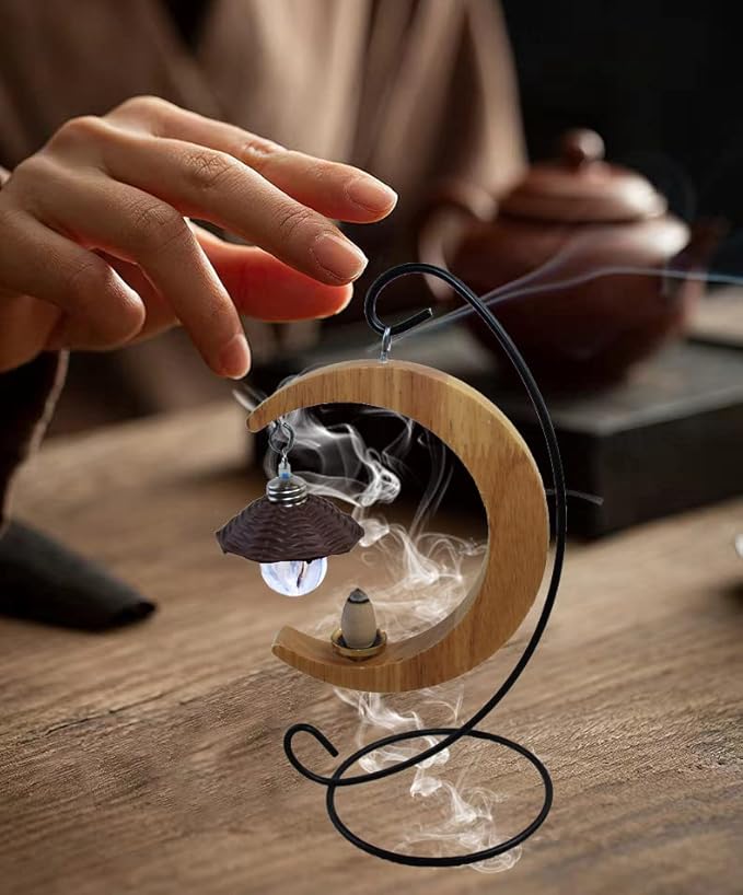 Solid Wood Moon Shape Hanging Backflow Incense Burner Waterfall Incense Holder, Aromatherapy Decoration Home Decoration Gift Decoration Statue