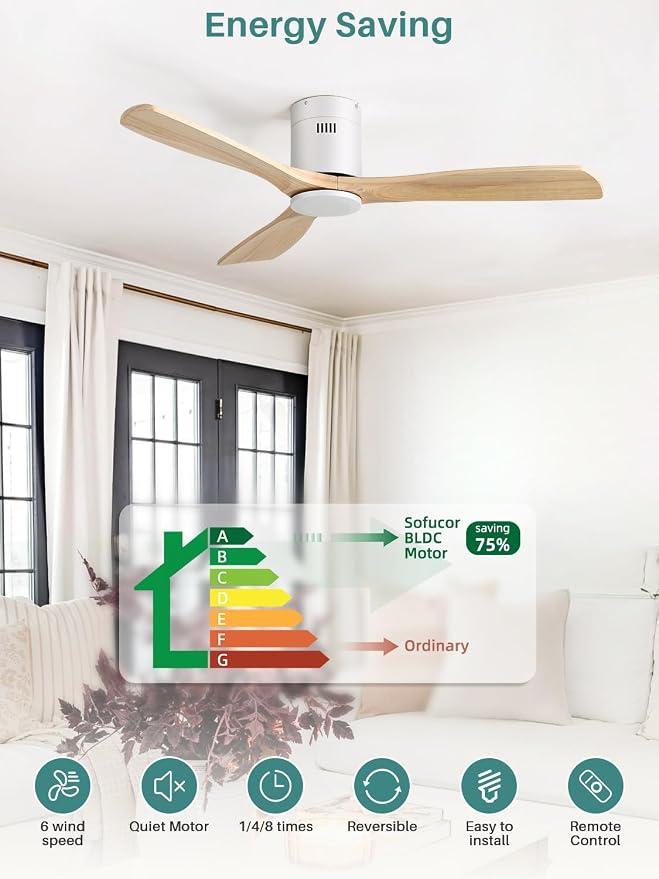 Sofucor 52 Inch Smart Ceiling Fan Without Light Flush Mount Solid Wood Ceiling Fan with Alexa/Google/APP/Remote Control-Modern Outdoor Ceiling Fans No Light for Bedroom/Patio/Indoor,Natural Wood&White