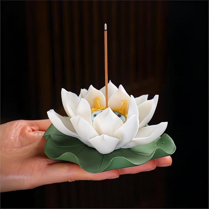 Lotus Incense Holder for Mosquitos - White Ceramic Bloom with Leaf Tray, Aromatherapy Decor, Meditation Gift Set, Zen Home Office Desk Altar Decor (Handmade, Ash Catcher, Unique Holiday Present)
