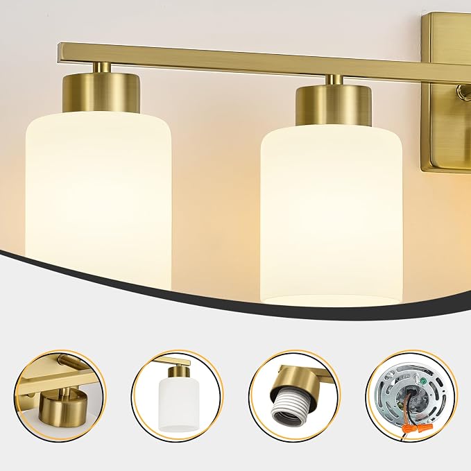 FonmYim Brushed Gold Bathroom Light Fixtures, 5-Light Modern Vanity Light Over Mirror, Wall Sconces with Milky White Frosted Glass Shades, E26 Socket (Bulbs Not Included)