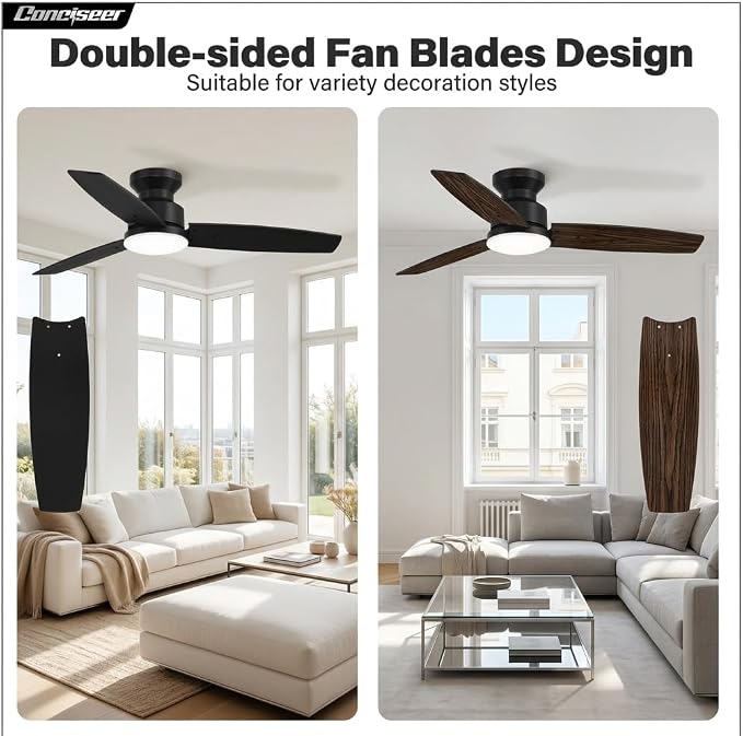 Conciseer Modern 42 Inch Ceiling Fans with Lights and Remote for Bedroom Office, Flush Mount, 18W 6CCT Dimmable, Dual Color 3 Blades 6 Speed FReversible Quiet DC Motor Black/Wood Grain