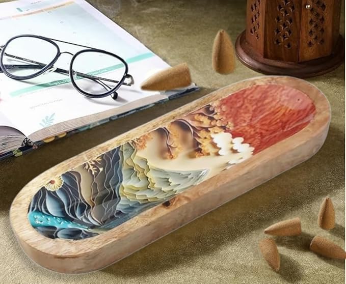 Bless-International Traditional-Handmade-Tray-Burner Wooden-Trat-Incense-Stick-Holder Ash-Catcher-Stand for-Aromatherapy-Meditation-Yoga (Beautiful Mountains, 11x4x1.22 Inches)