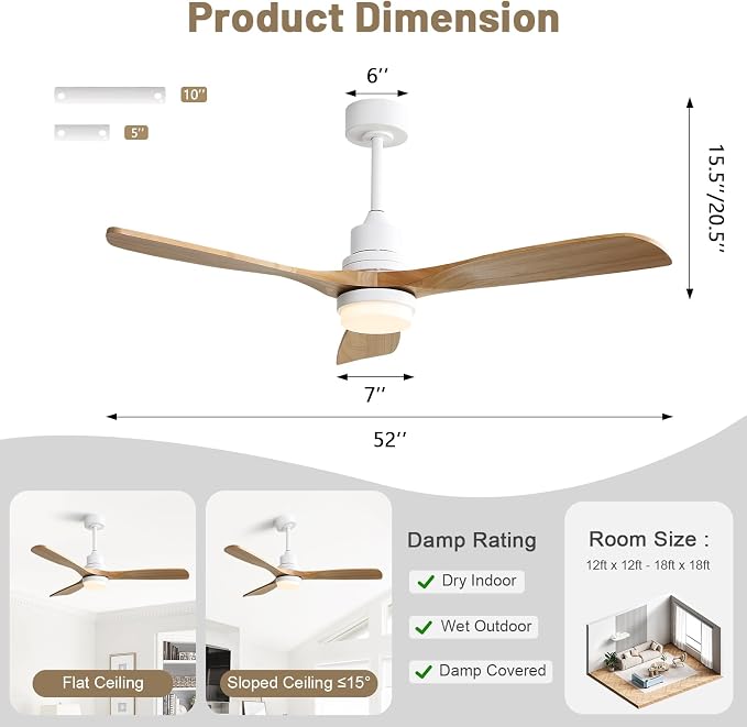 Sofucor 52 Inch Smart Ceiling Fan, Indoor/Outdoor Ceiling Fans with Lights and Remote, Work with Alexa/Google/APP, 6-Speed, Quiet DC Motor, 3 Blades Solid Wood Ceiling Fans for Bedroom Farmhouse Patio