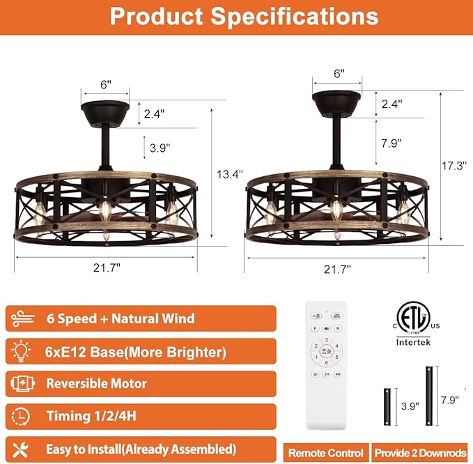 SHLUCE 22" Caged Farmhouse Ceiling Fan with Light, 6 Speeds, Rustic Fandelier Enclosed Ceiling Fans with Lights and Remote, Modern Bladeless Ceiling Fan with Light for Living Room, Bedroom - ETL