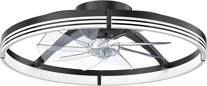 AKOFUN 24" Ceiling Fans with Lights and Remote, Low Profile Flush Mount Ceiling Fan with Light, 3000-6500K Dimmable LED Fan Light, Modern Bladeless Fandelier Ceiling Fans for Bedroom, Black Stripes
