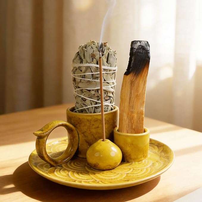 Tnstbiee 4-Inch 5-in-1 Yellow Ceramic Incense Holder | Multi-Use Smudge Tray for Palo Santo, Sage, Incense Sticks & Cones | Ideal for Candles & Meditation | Zen Altar for Yoga & Aromatherapy