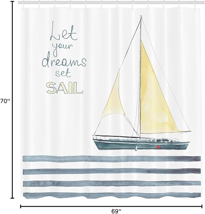 Ambesonne Nautical Shower Curtain, Let Your Dreams Set Sail Words Stripes Yacht Interior Navigation Theme, Cloth Fabric Bathroom Decor Set with Hooks, 69" W x 70" L, Pale Blue White