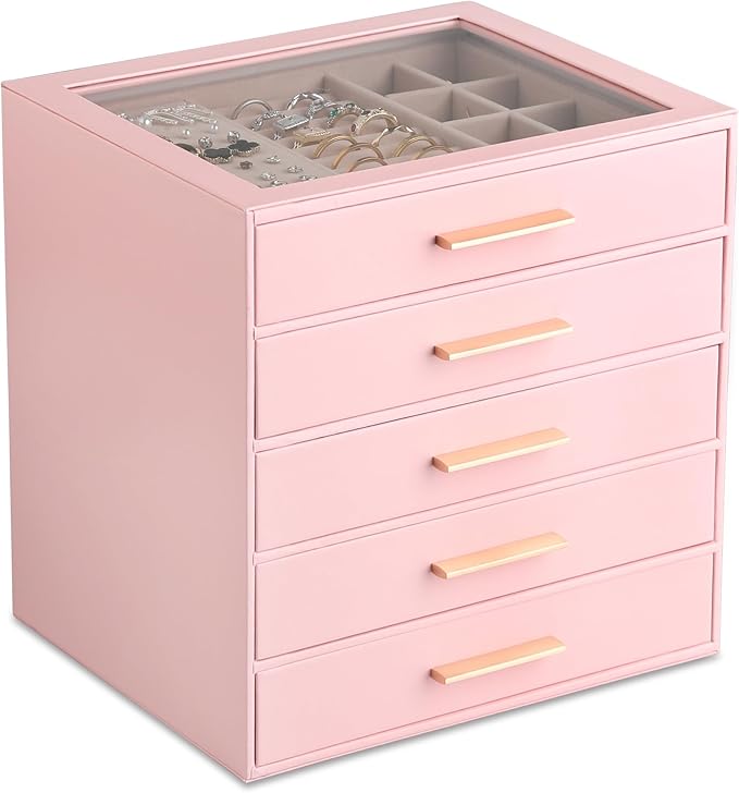 Frebeauty Jewelry Box for Women,Clear Lid Jewelry Organizer with 5 Drawers | Faux Leather,Velvet Lining,5-Layer Large Capacity,Jewelry Storage for Rings Earrings,Dustproof Design,Golden Stylish Handle