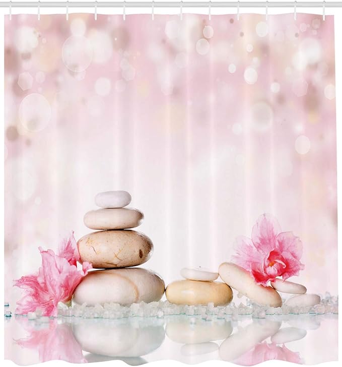Ambesonne Spa Shower Curtain, Bohemian Stones and Soft Petals Therapy Tradition Yoga Picture, Cloth Fabric Bathroom Decor Set with Hooks, 69" W x 84" L, Pale Pink Peach