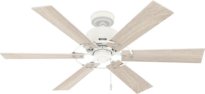 Hunter 52 inch Indoor Ceiling Fan No Light - White Ceiling Fan without Light, 6 Blades, Standard Mount, For Bedroom, Living Room, or Kitchen, Pull Chain - Gilrock 52354, Matte White