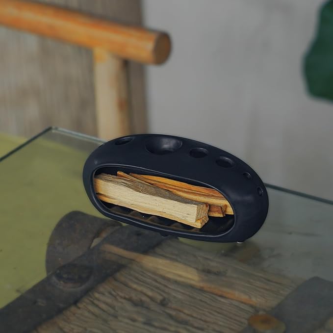 3 in 1 Palo Santo Holder for Sage Bundles Cone Incense, Handcrafted Ceramic Incense Burner Holder Ash Catcher with Chimney, Smudge Bowl for Yoga Meditation Home Decor (Multi - Porous Black)