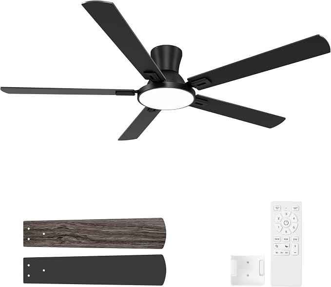 60 Inch Black Ceiling Fans with Lights and Remote, Flush Mount Low Profile 6 Blades Ceiling Fan with 10 Inch Lighting Fixture, Quiet Reversible DC Motor for Living Room, Bedroom and Patio